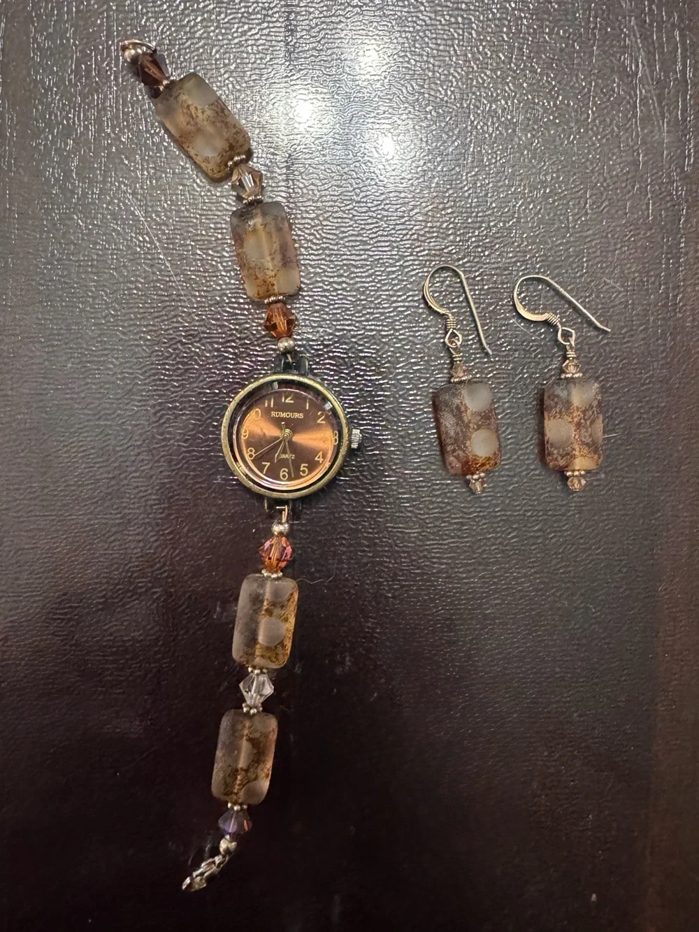 Rumours quartz wristwatch ( Working) And 14k Gold Filled Brown Beaded Earrings